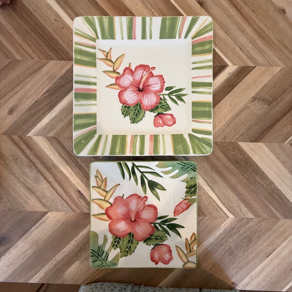 Clay Art Hibiscus Stripe‎ Square Plates Set Hand Painted Pink Green Tropical 2pc